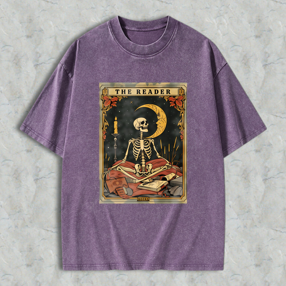 Wardrobecart Skeleton Reading Book Under Moonlight With Candle And Tarot Cards The Reader Unisex Washed T-shirt