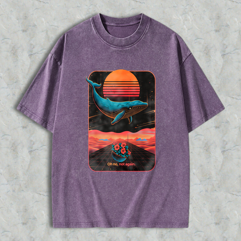 Wardrobecart Whale Sunset Landscape With Flowers And Text Oh No Not Again Unisex Washed T-shirt