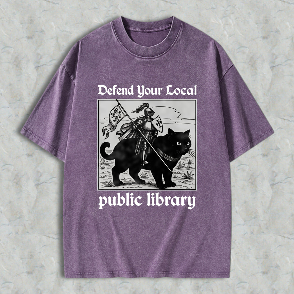 Wardrobecart Knight And Cat Defend Your Local Public Library Unisex Washed T-shirt