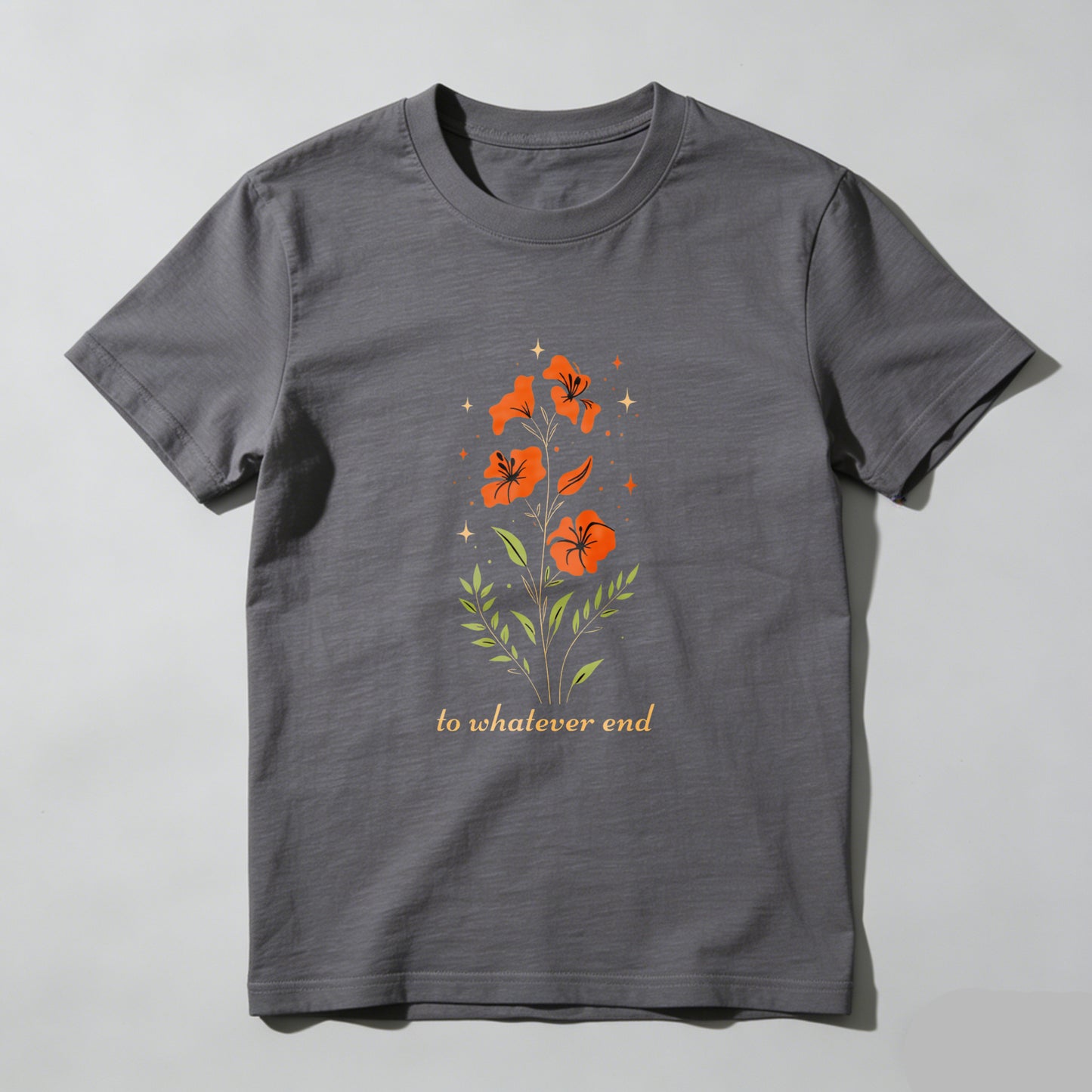 Wardrobecart Orange Flowers With Green Leaves And Stars Unisex Classic T-shirt