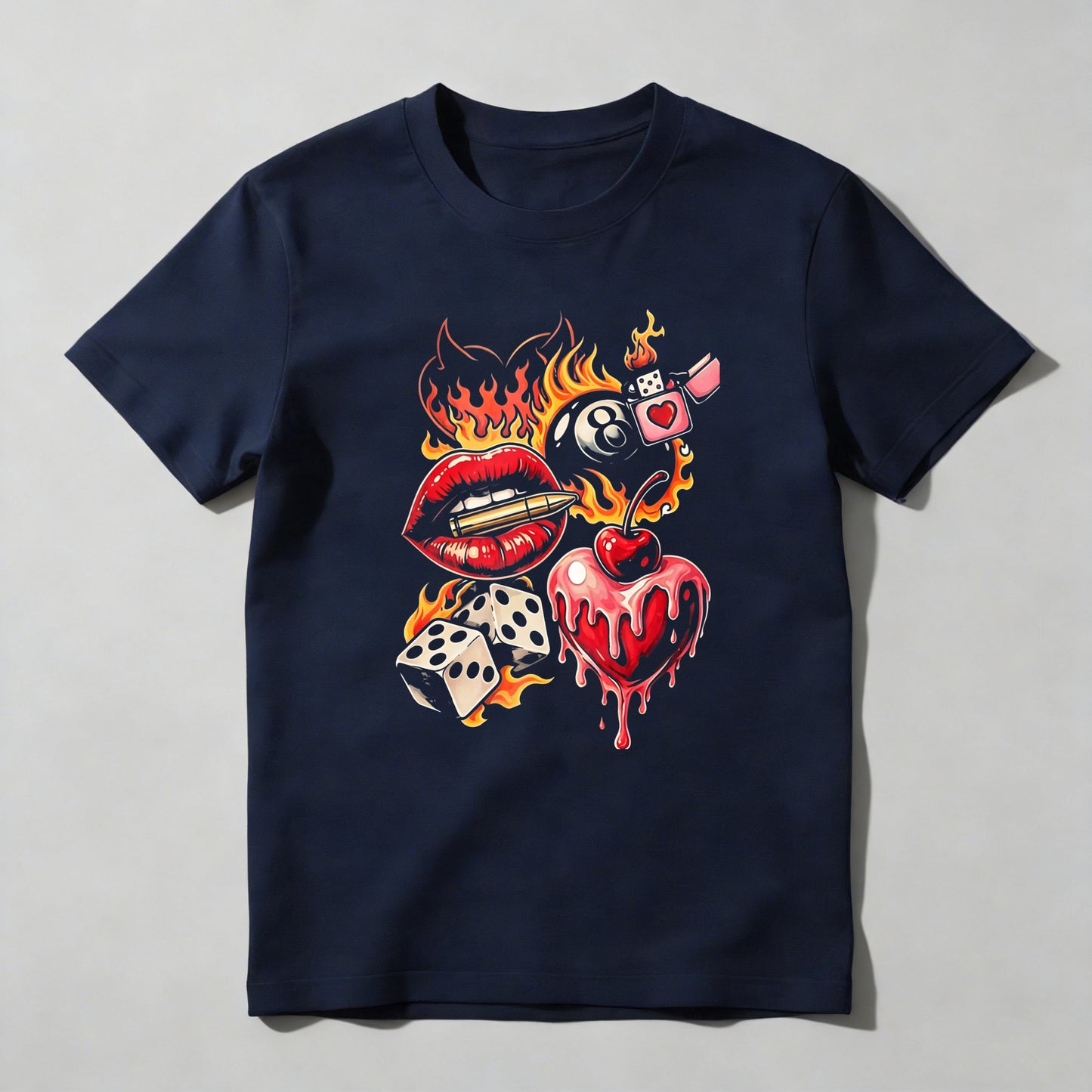 Flaming Lips Heart Dice And Eight Ball Tattoo Style T-shirt
