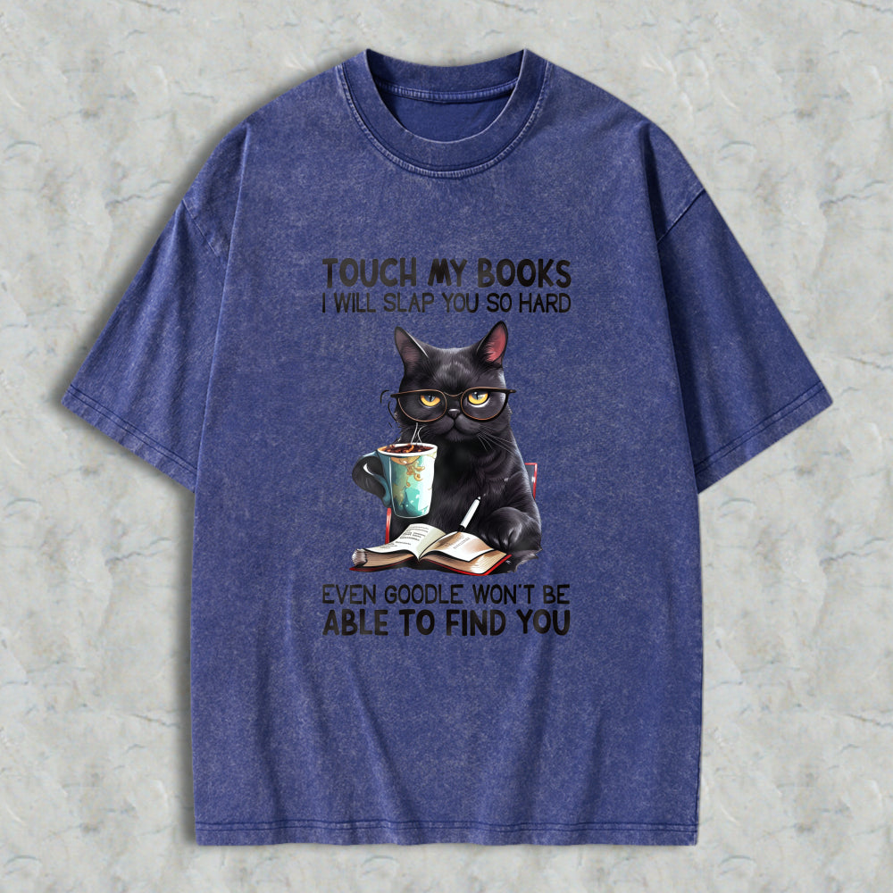Wardrobecart Black Cat With Glasses Reading Book And Coffee Cup Unisex Washed T-shirt