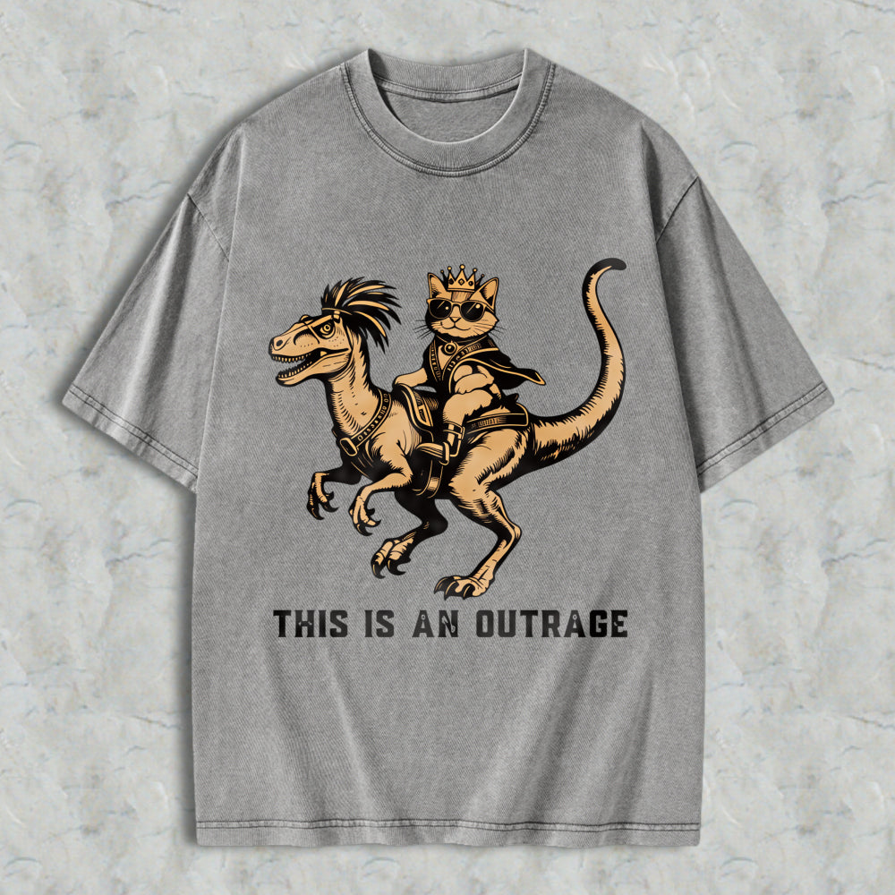 Wardrobecart Cat Riding Dinosaur With Crown And Sunglasses Unisex Washed T-shirt