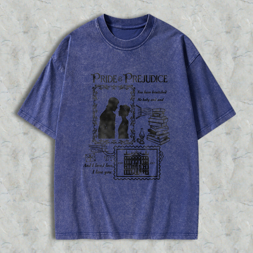 Wardrobecart Pride And Prejudice Quote With Couple Silhouette Books And Mansion Design Unisex Washed T-shirt