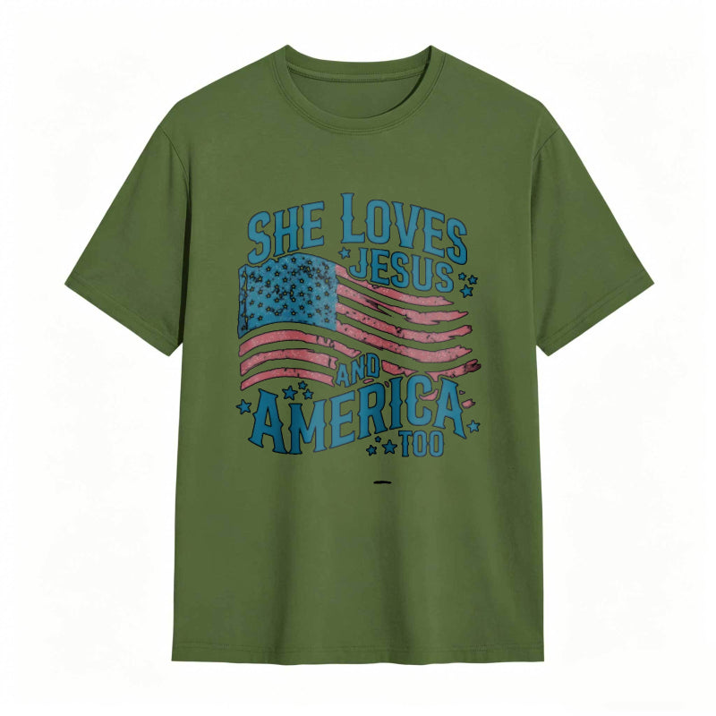 She Loves Jesus And America Too Women's Patriotic T-shirt