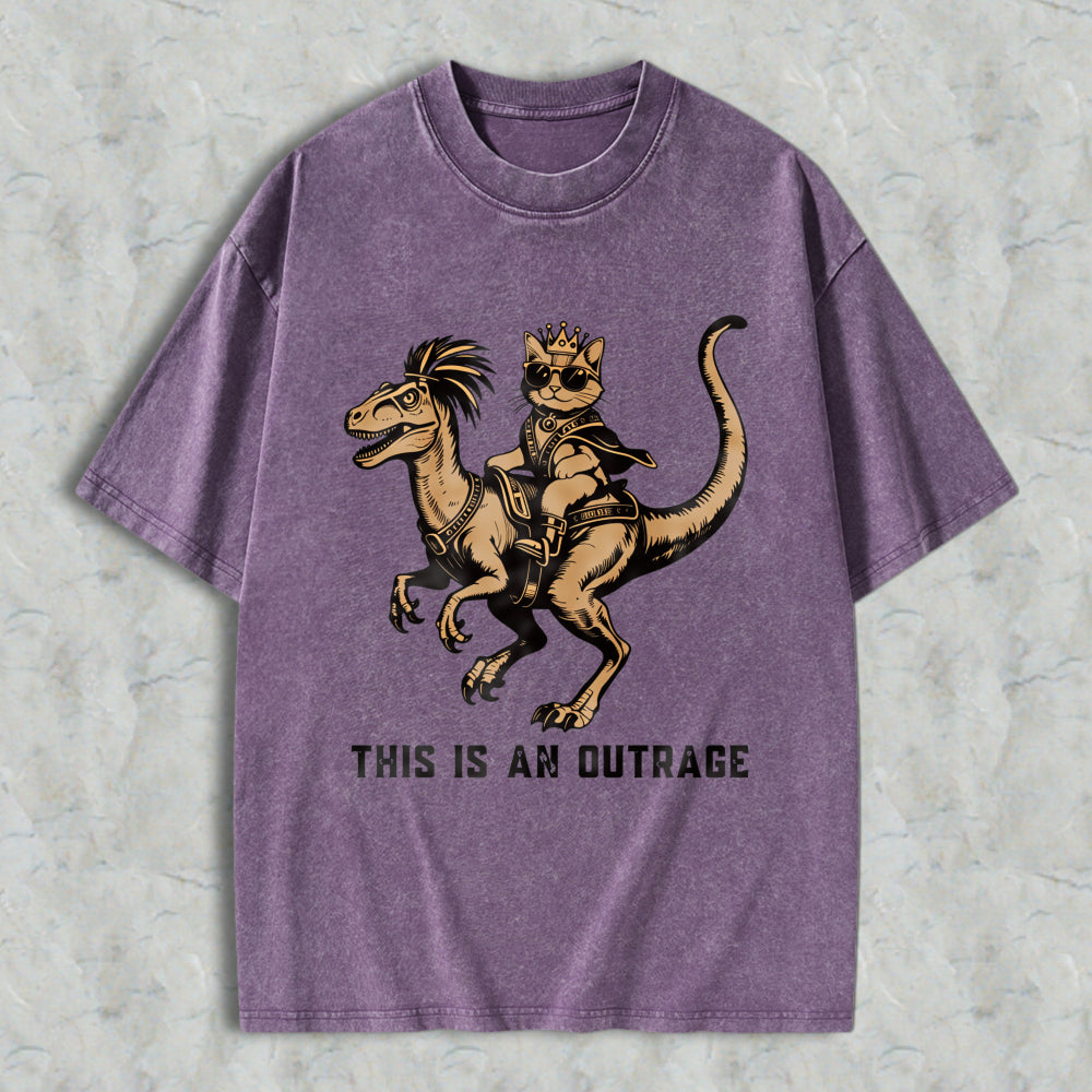 Wardrobecart Cat King Riding Dinosaur With Crown And Sunglasses Unisex Washed T-shirt