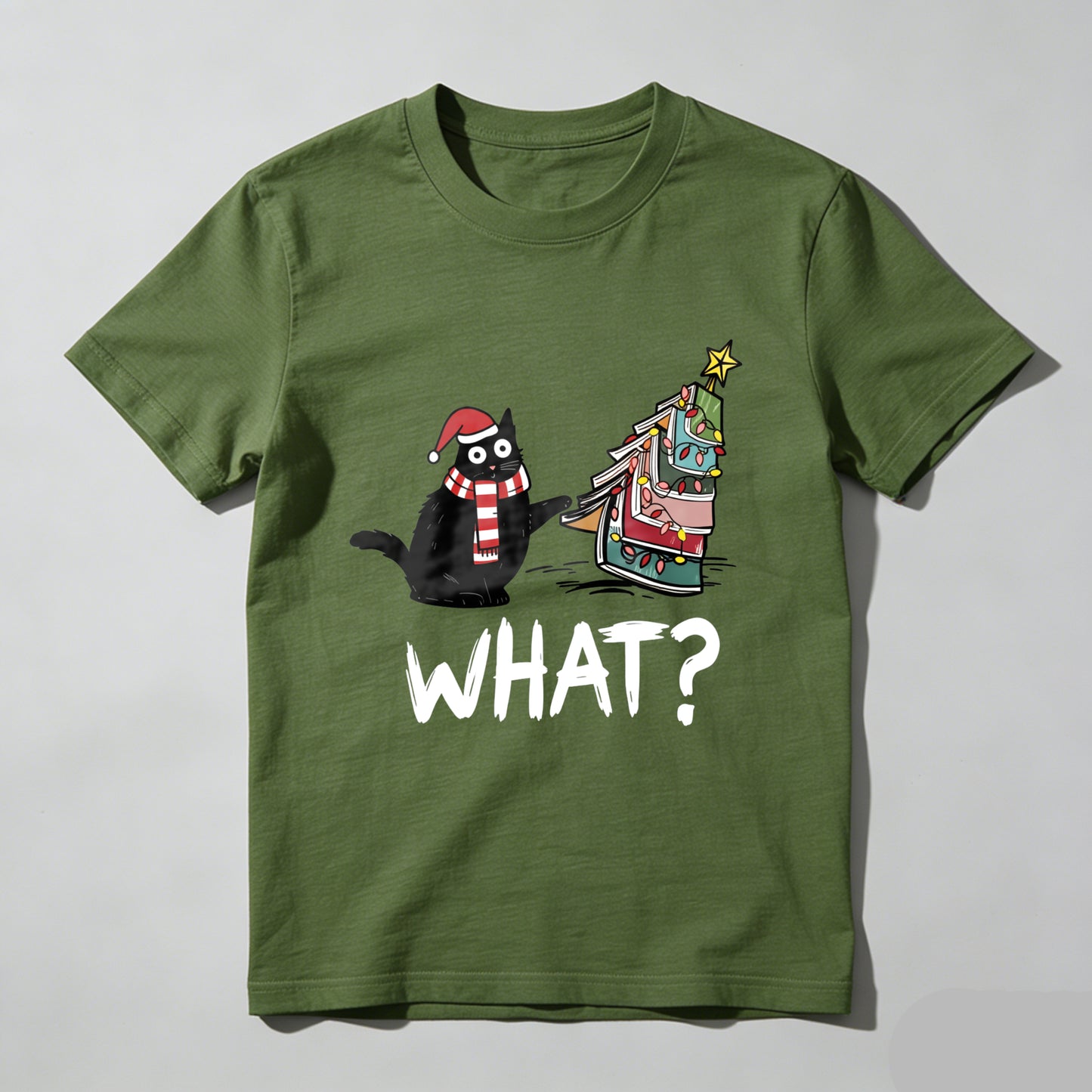 Wardrobecart Cat Wearing Santa Hat And Scarf Christmas Tree Made Of Books What Question Mark Below Unisex Classic T-shirt