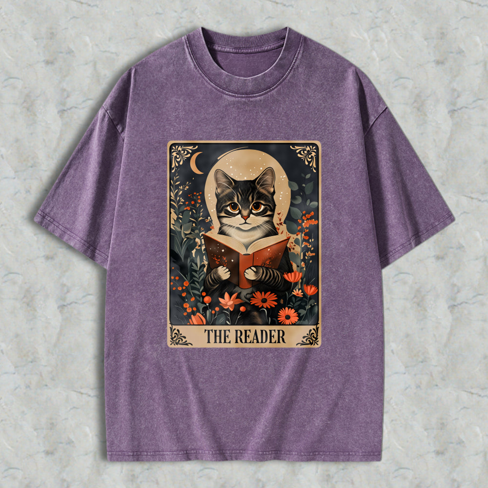 Wardrobecart Cat Reading Book With Flowers And Moon The Reader Unisex Washed T-shirt