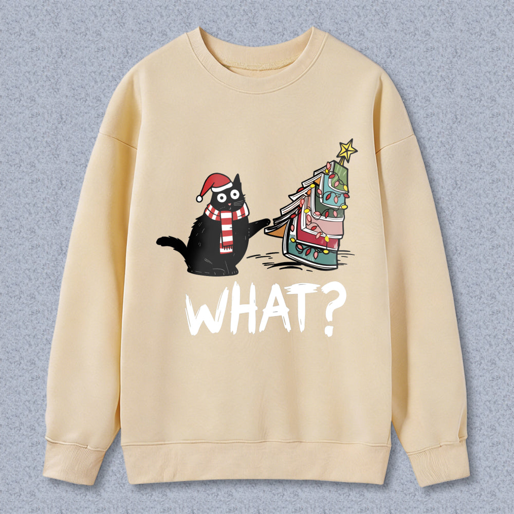 Wardrobecart Cat Wearing Santa Hat And Scarf Pulling Christmas Tree On Sled What Question Unisex Classic Sweatshirt
