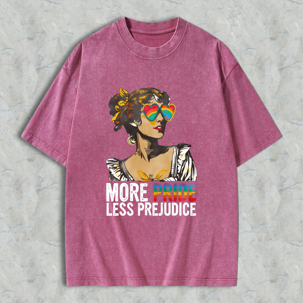 Wardrobecart Pride And Prejudice Inspired Woman With Rainbow Heart Sunglasses More Pride Less Prejudice Unisex Washed T-shirt