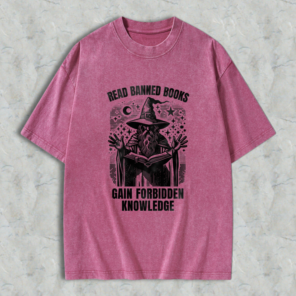 Wardrobecart Read Banned Books Gain Forbidden Knowledge Wizard With Open Book And Stars Unisex Washed T-shirt