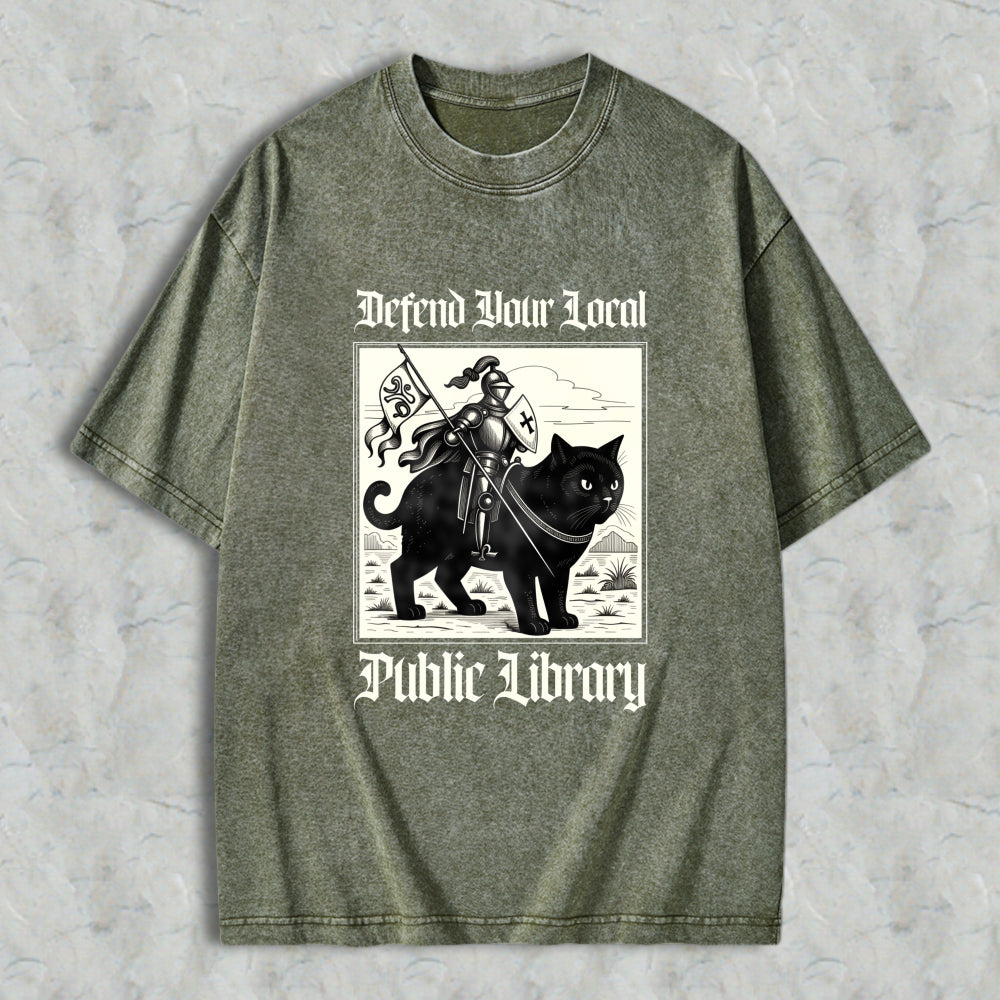 Wardrobecart Defend Your Local Public Library Cat Knight Unisex Washed T-shirt