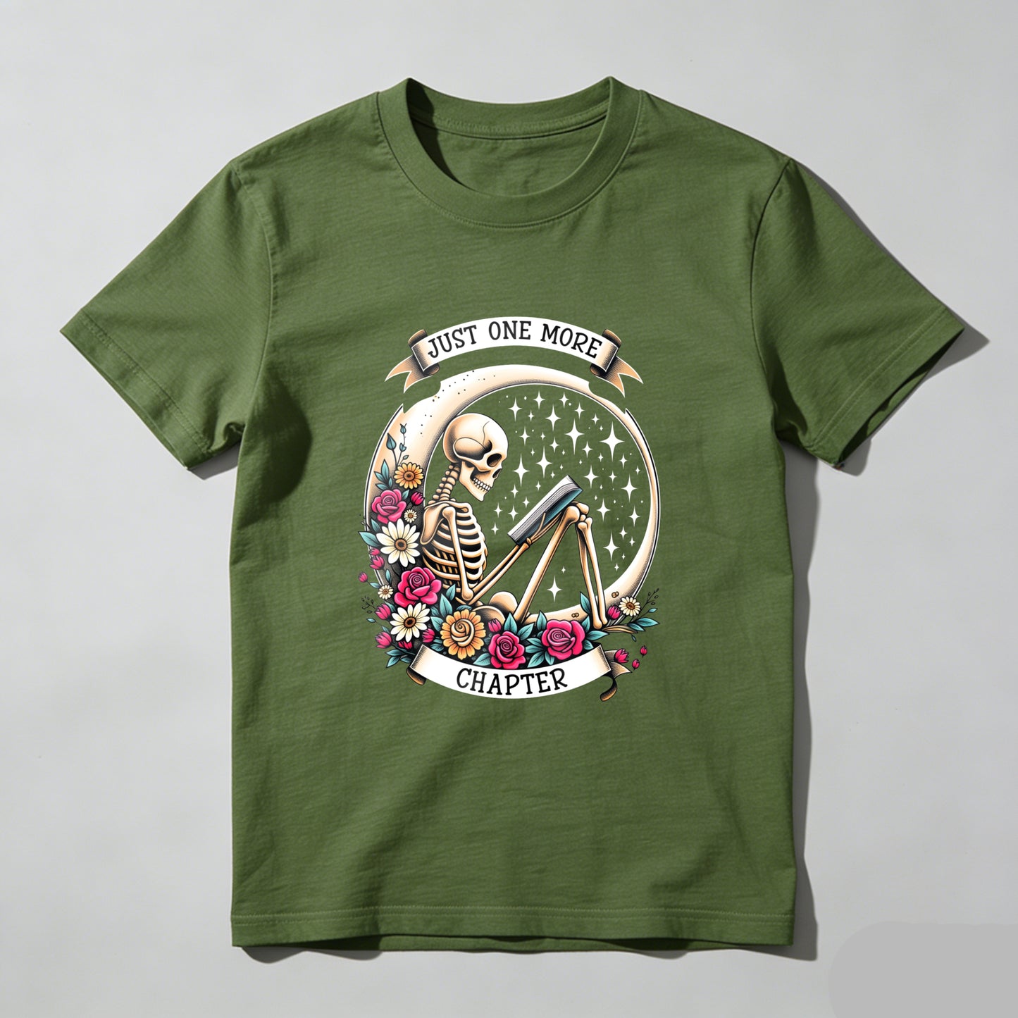 Wardrobecart Skeleton Reading Book With Flowers And Stars Unisex Classic T-shirt