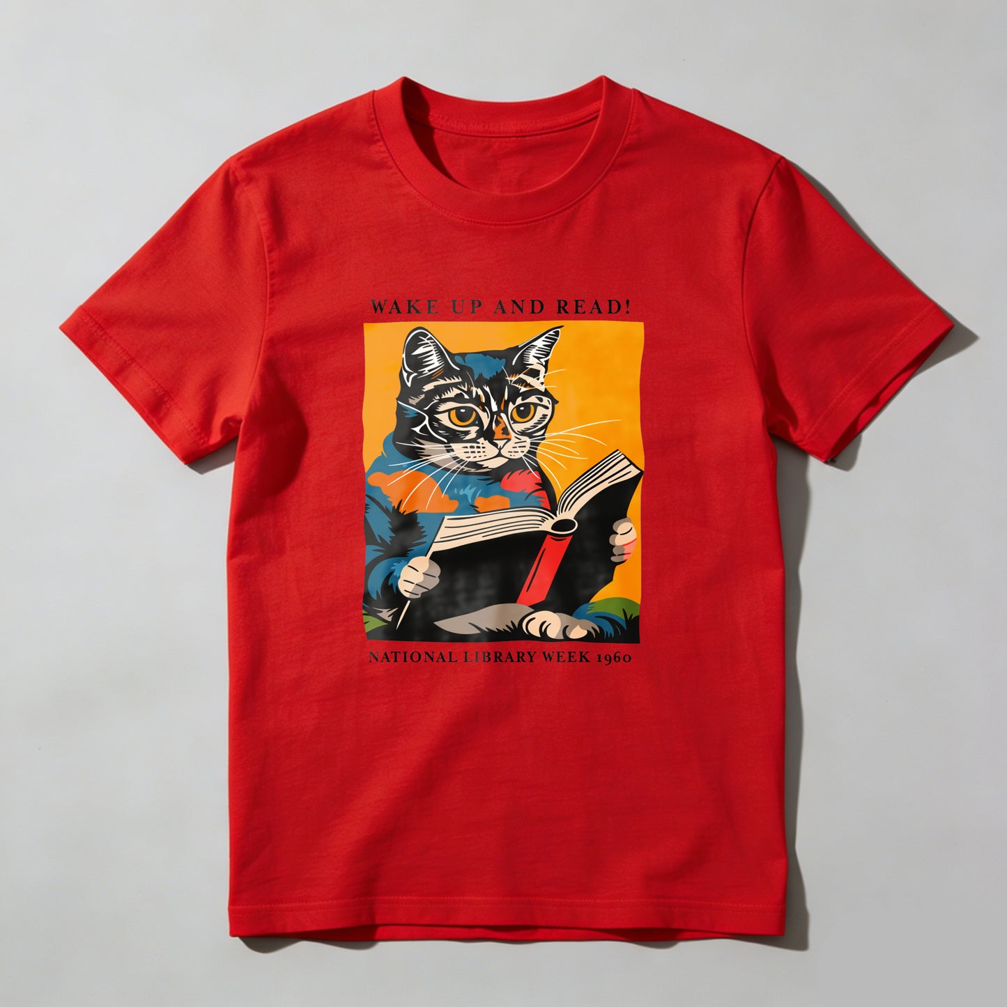 Wardrobecart Cat Reading Book With Text Wake Up And Read National Library Week 1960 Unisex Classic T-shirt 100% cotton