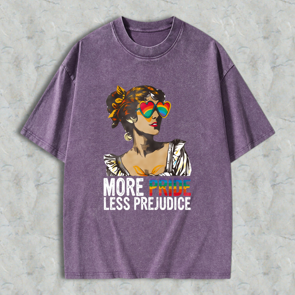 Wardrobecart Pride And Prejudice Parody With Rainbow Heart Sunglasses And Regency Style Woman More Pride Less Prejudice Unisex Washed T-shirt