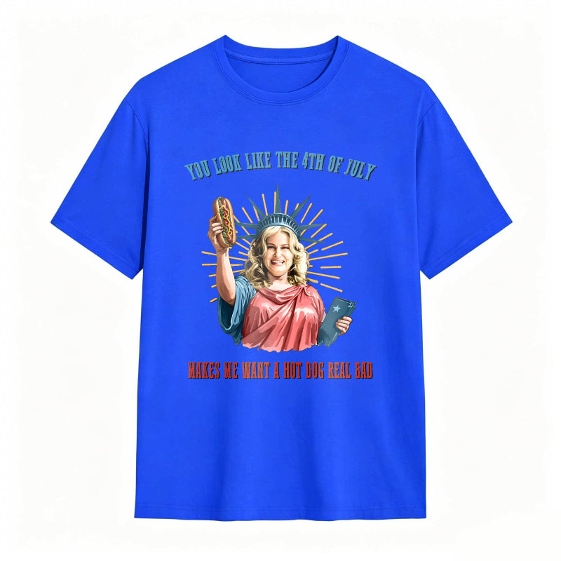 Statue Of Liberty Holding Hot Dog And Tablet With Fourth Of July Text T-shirt