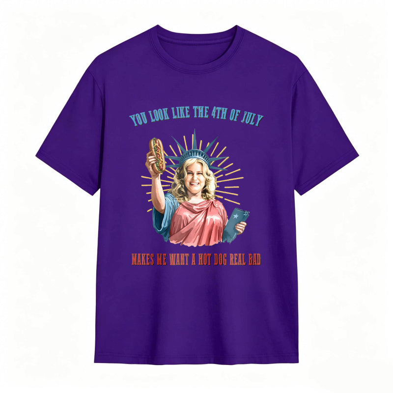 Statue Of Liberty Holding Hot Dog And Tablet With Fourth Of July Text T-shirt