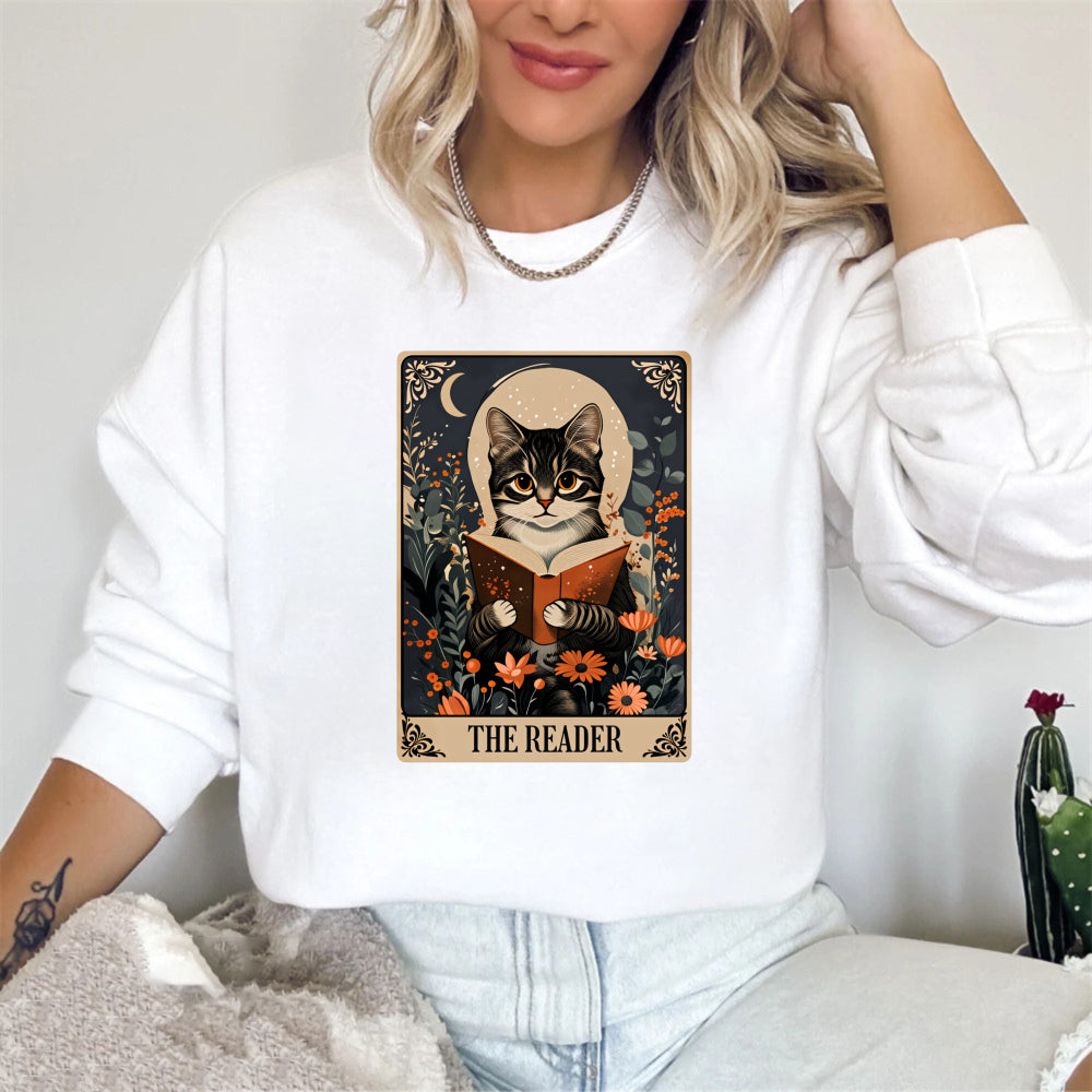 Wardrobecart Cat Reading Book With Flowers And Moon The Reader Unisex Classic Sweatshirt