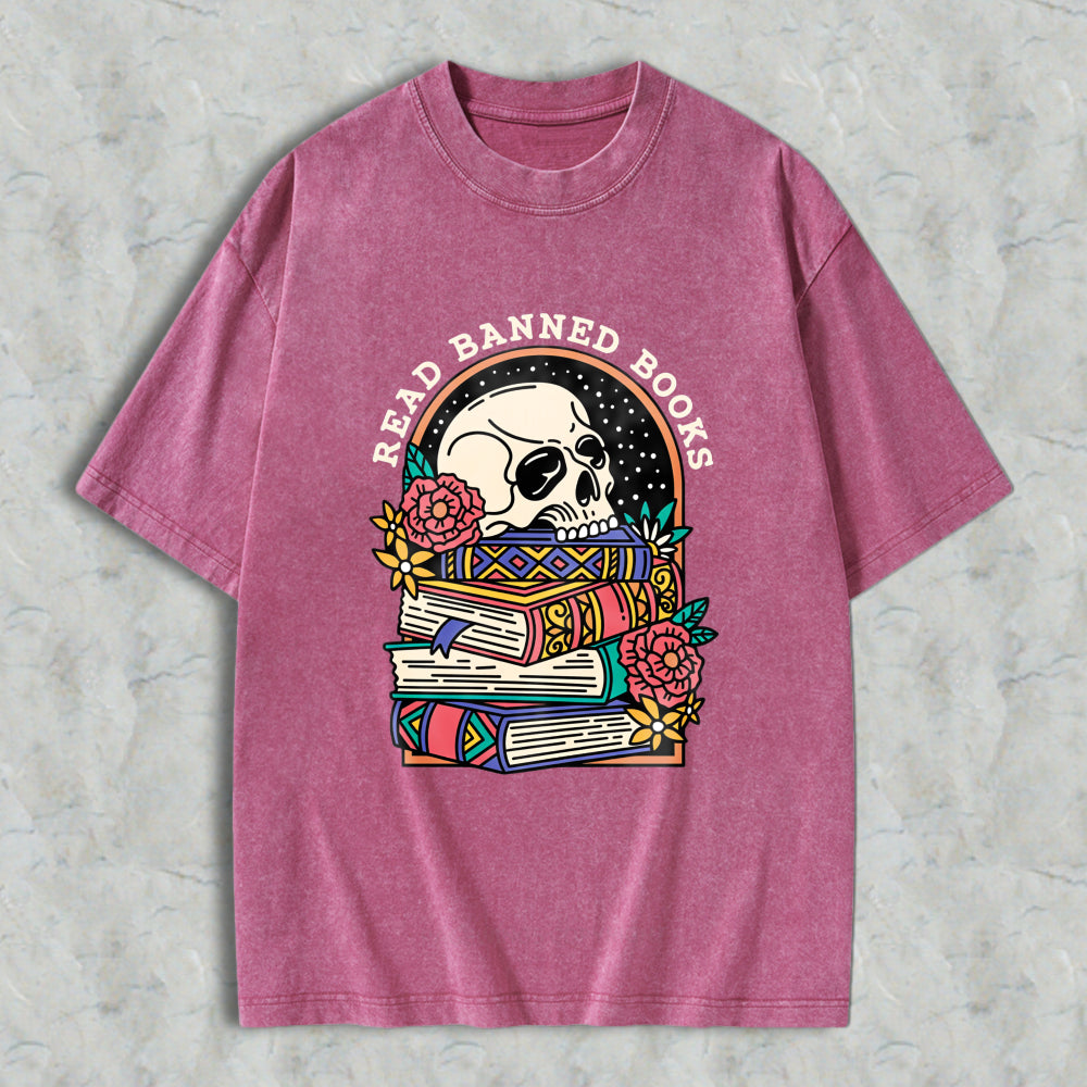 Wardrobecart Skull And Books With Flowers Read Banned Books Unisex Washed T-shirt