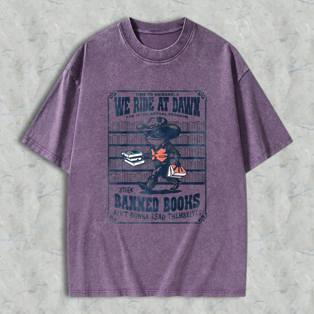 Wardrobecart We Ride At Dawn Baked Books Unisex Washed T-shirt