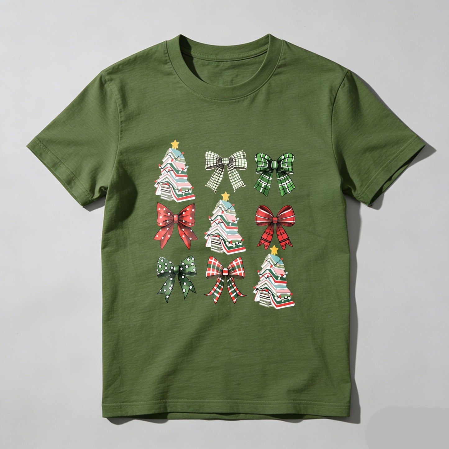 Wardrobecart Christmas Trees And Plaid Bows Pattern Unisex Classic T-shirt