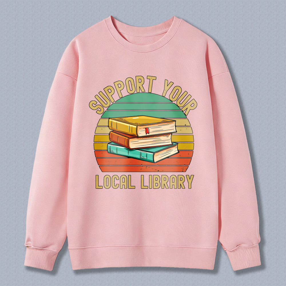 Wardrobecart Support Your Local Library Books Stack Vintage Sunburst Design Unisex Classic Sweatshirt