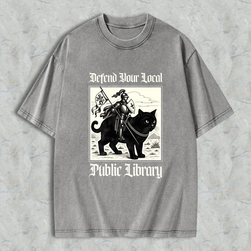 Wardrobecart Defend Your Local Public Library Cat Knight Unisex Washed T-shirt