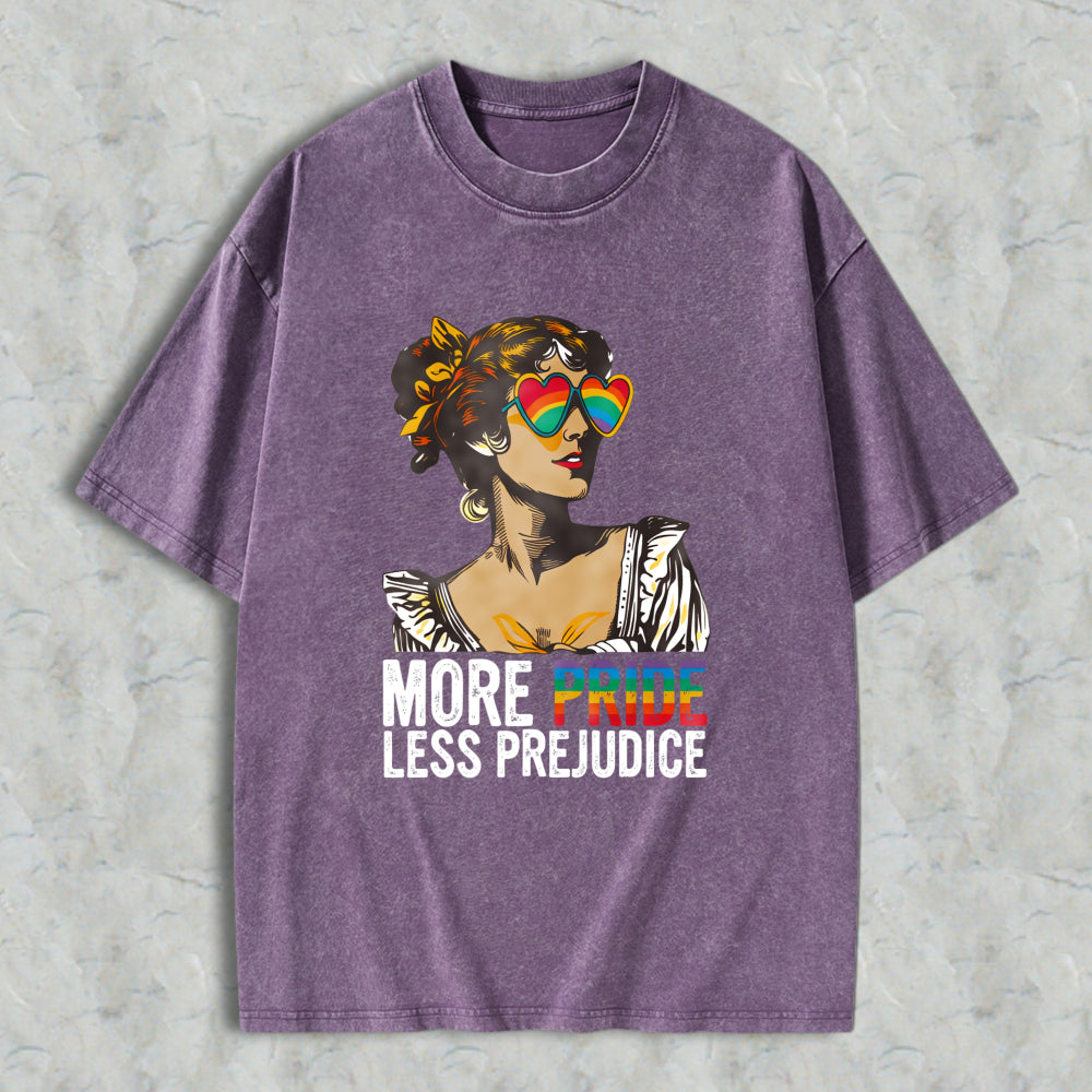 Wardrobecart Pride And Prejudice Inspired Woman With Rainbow Heart Sunglasses More Pride Less Prejudice Unisex Washed T-shirt