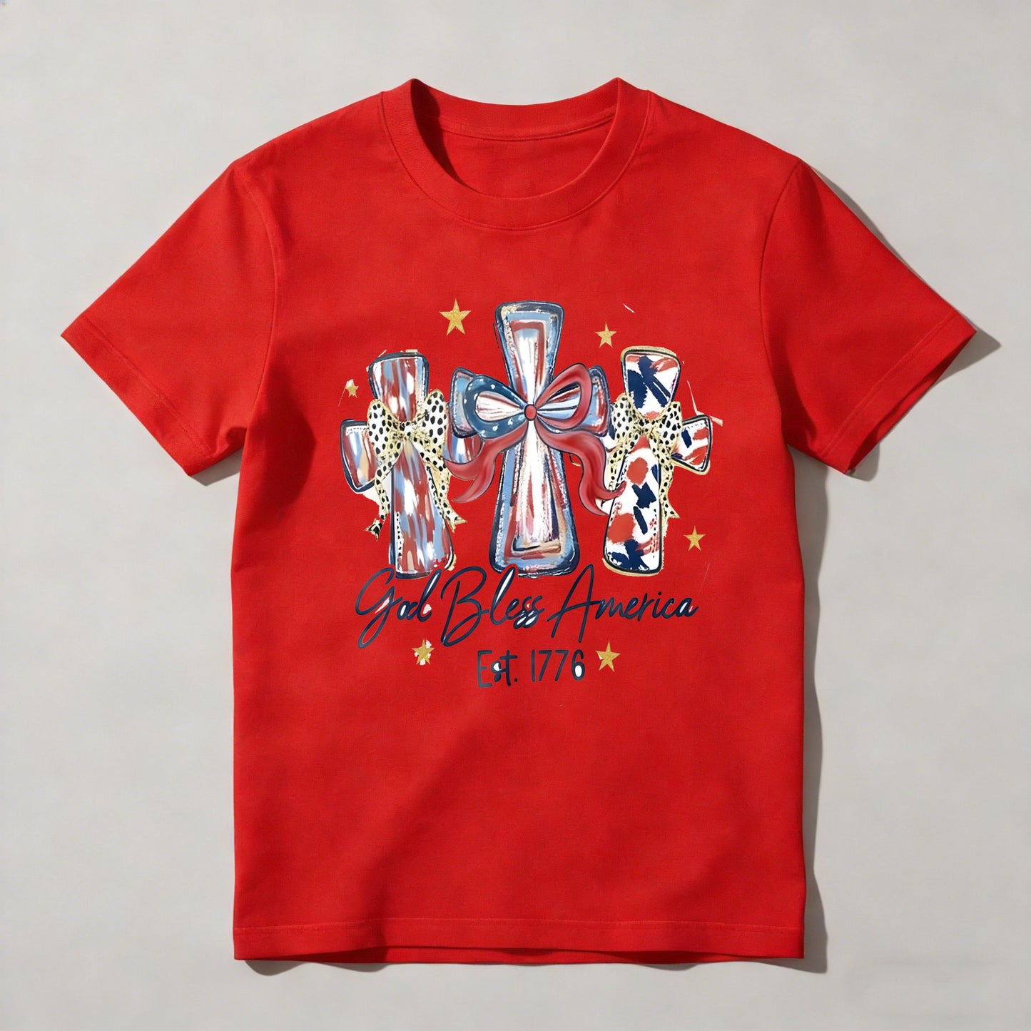 Patriotic Crosses With American Flag Design And God Bless America Text T-shirt