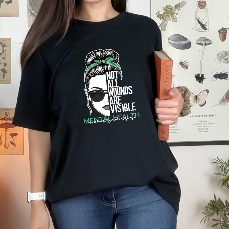 Mental Health Awareness Not All Wounds Are Visible Woman With Sunglasses And Hair Bun Unisex Classic T-shirt