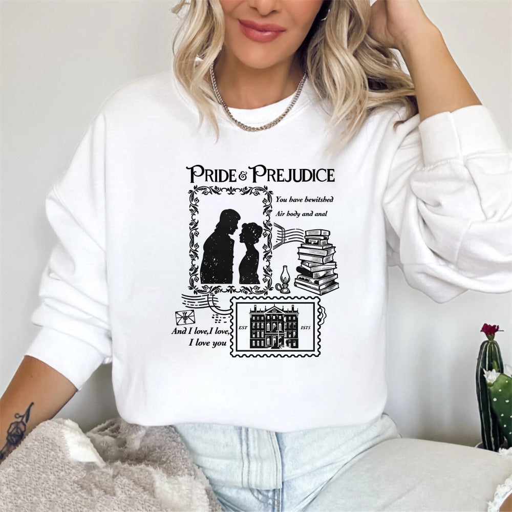 Wardrobecart Pride And Prejudice Book Quote With Couple Silhouette And Stack Of Books Unisex Classic Sweatshirt