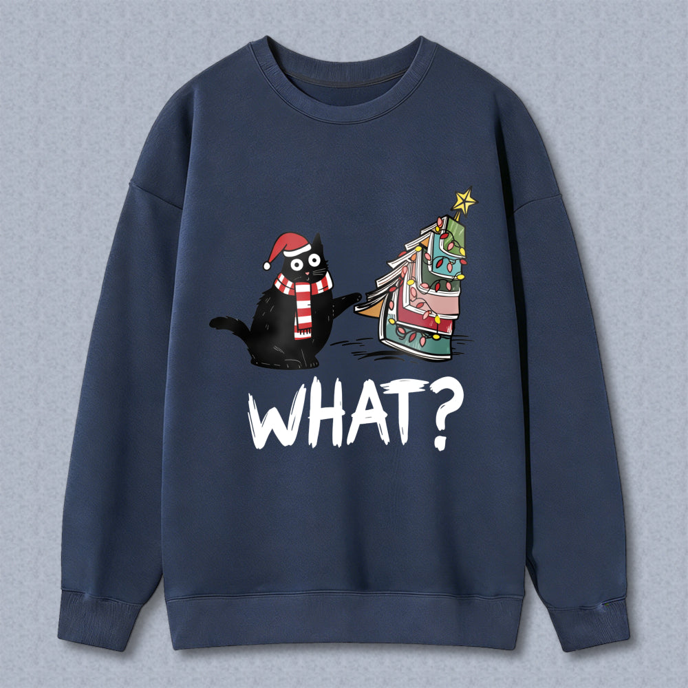 Wardrobecart Cat Wearing Santa Hat And Scarf Pulling Christmas Tree On Sled What Question Unisex Classic Sweatshirt