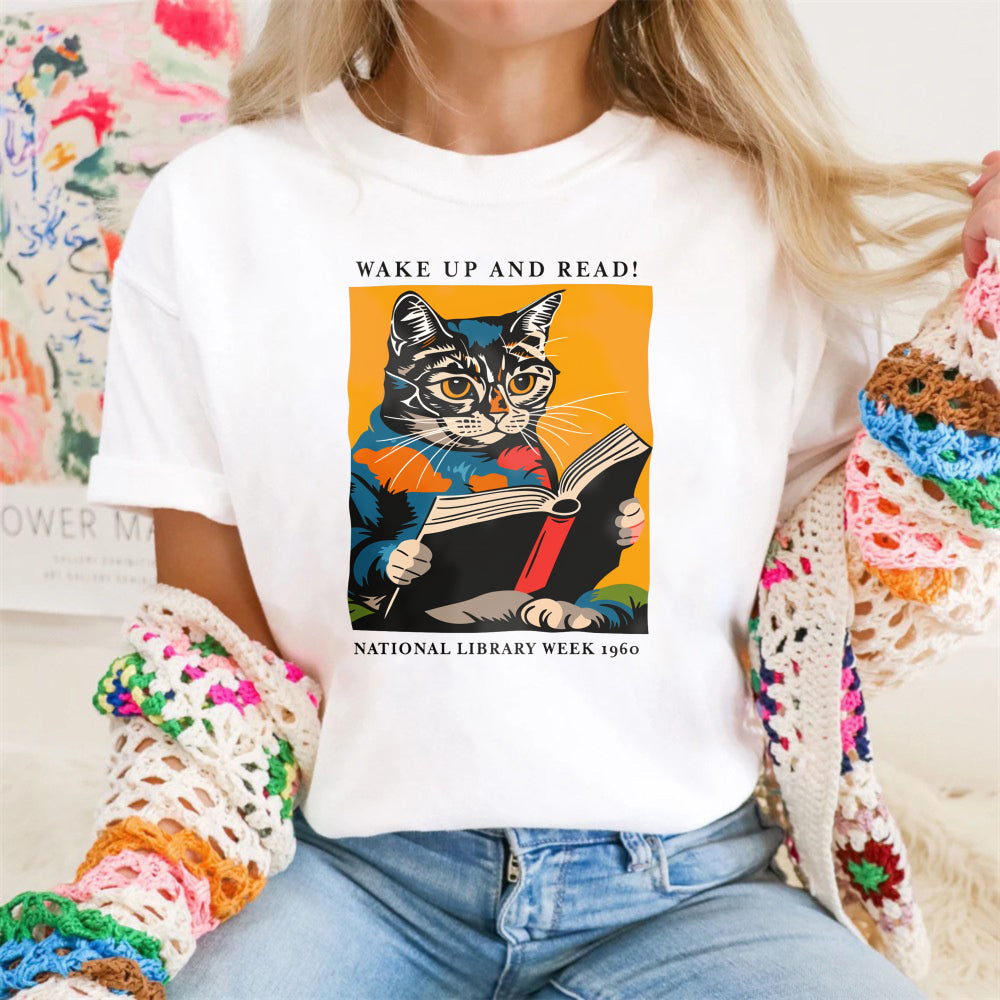 Wardrobecart Cat Reading Book With Text Wake Up And Read National Library Week 1960 Unisex Classic T-shirt 100% cotton
