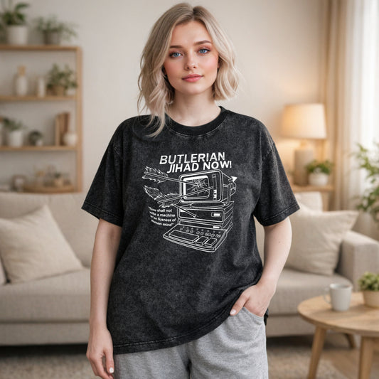 Wardrobecart Butlerian Jihad Now Computer With Arrow Through Screen And Quote Unisex Washed T-shirt