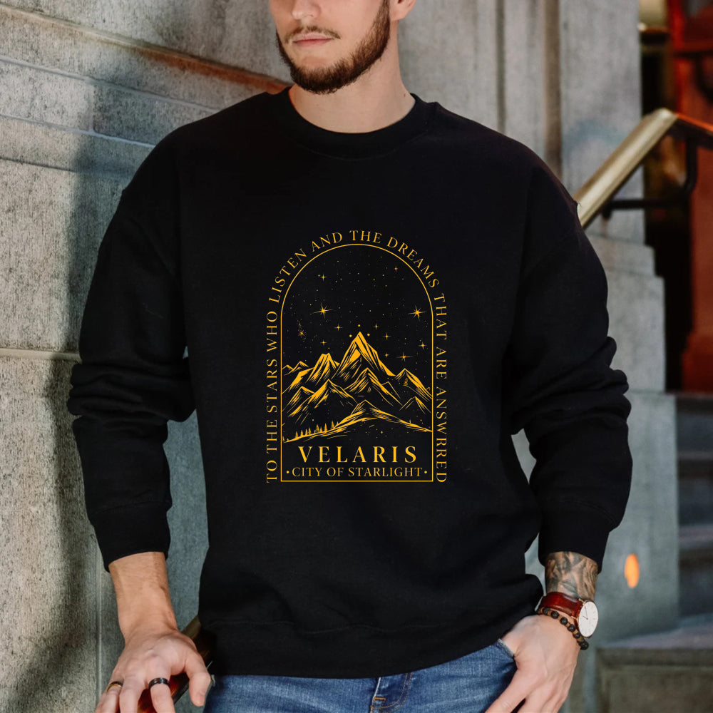 Wardrobecart Mountain Landscape With Stars And Text Velaris City Of Starlight Unisex Classic Sweatshirt