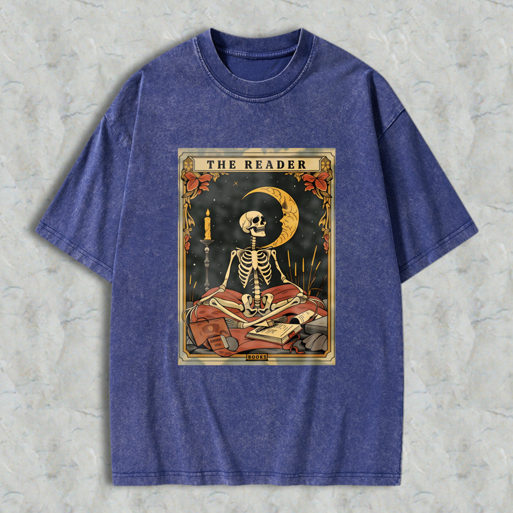 Wardrobecart Skeleton Reading Book Under Moonlight With Candle And Tarot Cards The Reader Unisex Washed T-shirt