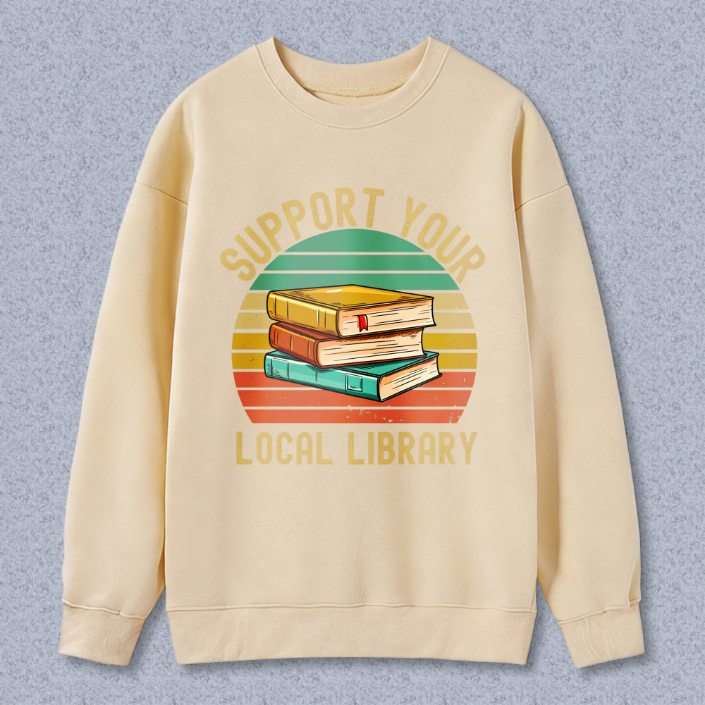 Wardrobecart Support Your Local Library Books Stack Vintage Sunburst Design Unisex Classic Sweatshirt