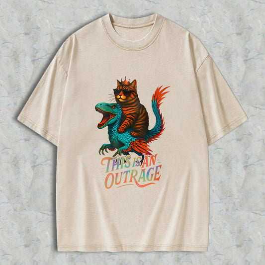 Wardrobecart Cat Riding Dragon This Is An Outrage Unisex Washed T-shirt