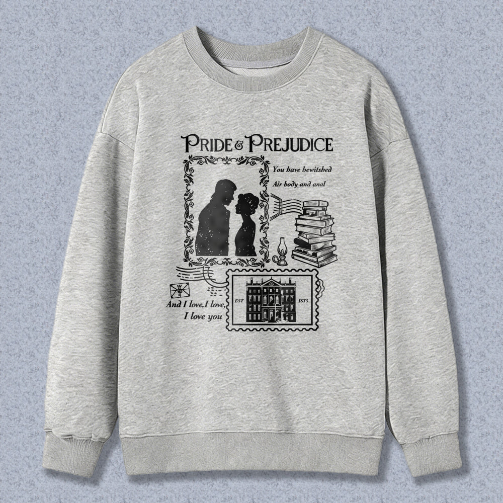 Wardrobecart Pride And Prejudice Book Quote With Couple Silhouette And Stack Of Books Unisex Classic Sweatshirt