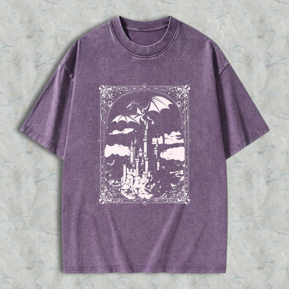Wardrobecart Fantasy Castle Dragon Sky Scene Unisex Washed T-shirt