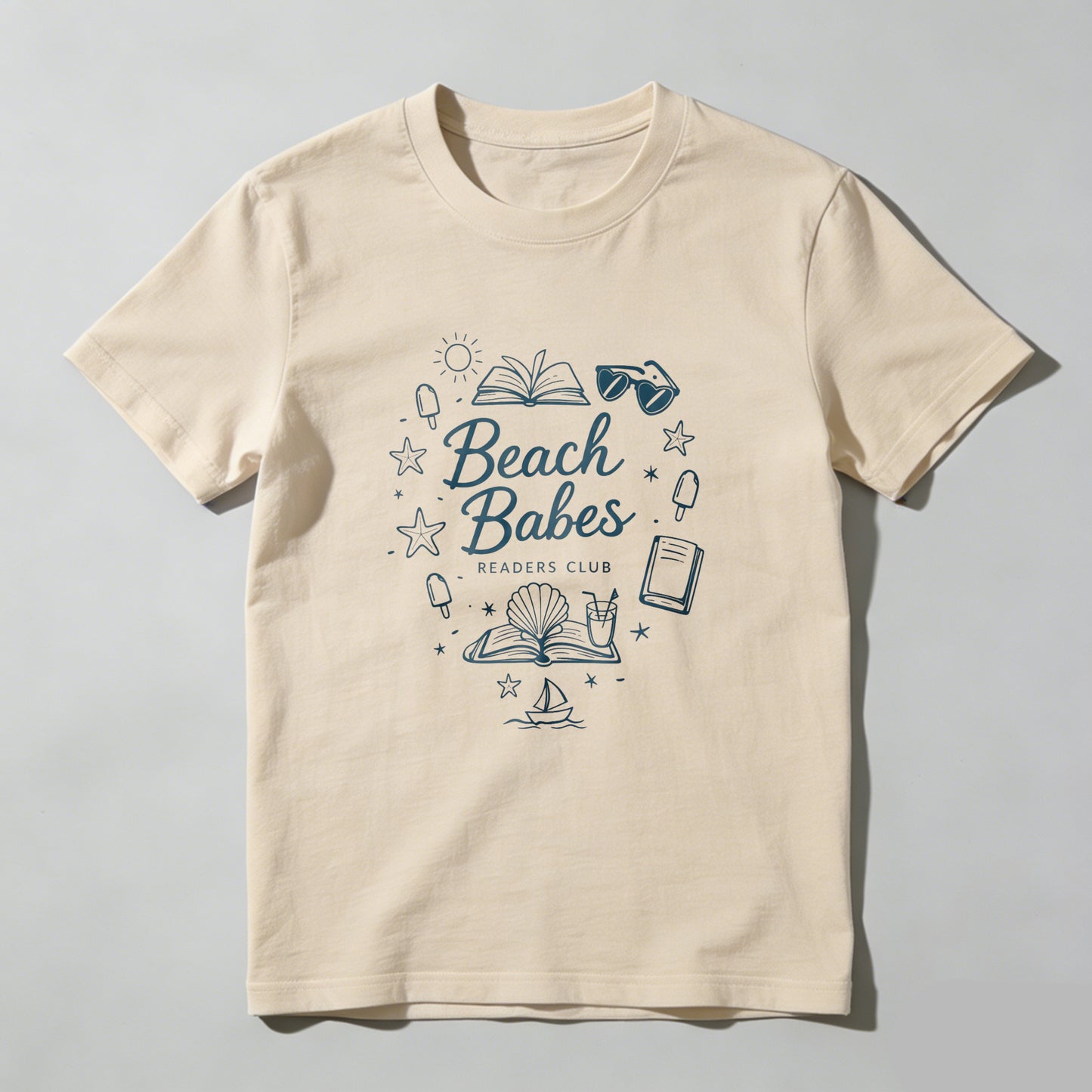 Wardrobecart Beach Babes Readers Club Book Sun Sunglasses Star Shell Boat Ice Cream Unisex Classic T-shirt 100% cotton