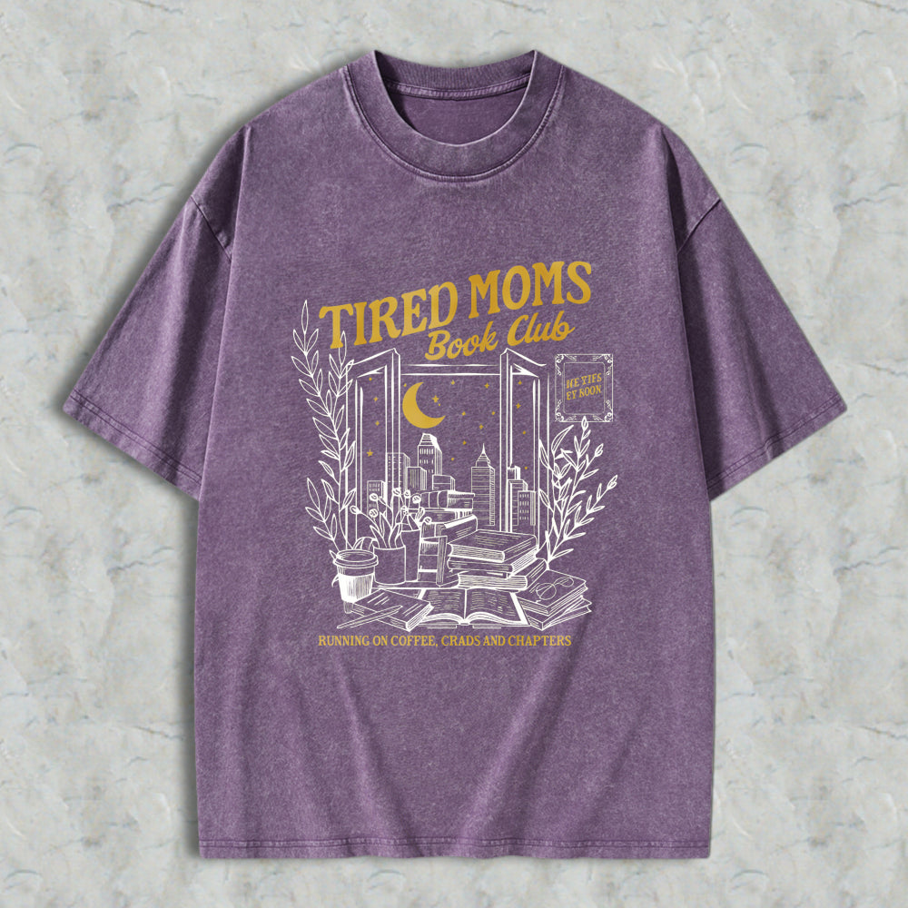 Wardrobecart Tired Moms Book Club With Open Door Cityscape Moon And Books Design Unisex Washed T-shirt