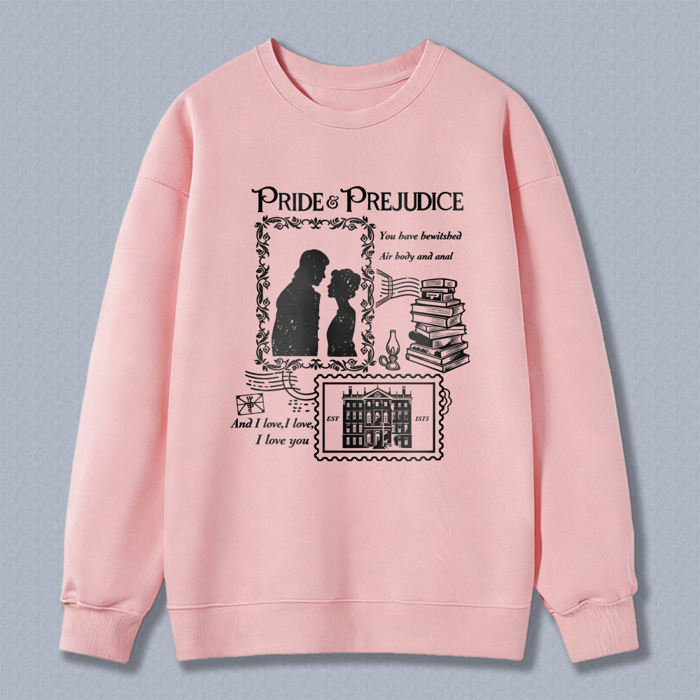 Wardrobecart Pride And Prejudice Book Quote With Couple Silhouette And Stack Of Books Unisex Classic Sweatshirt