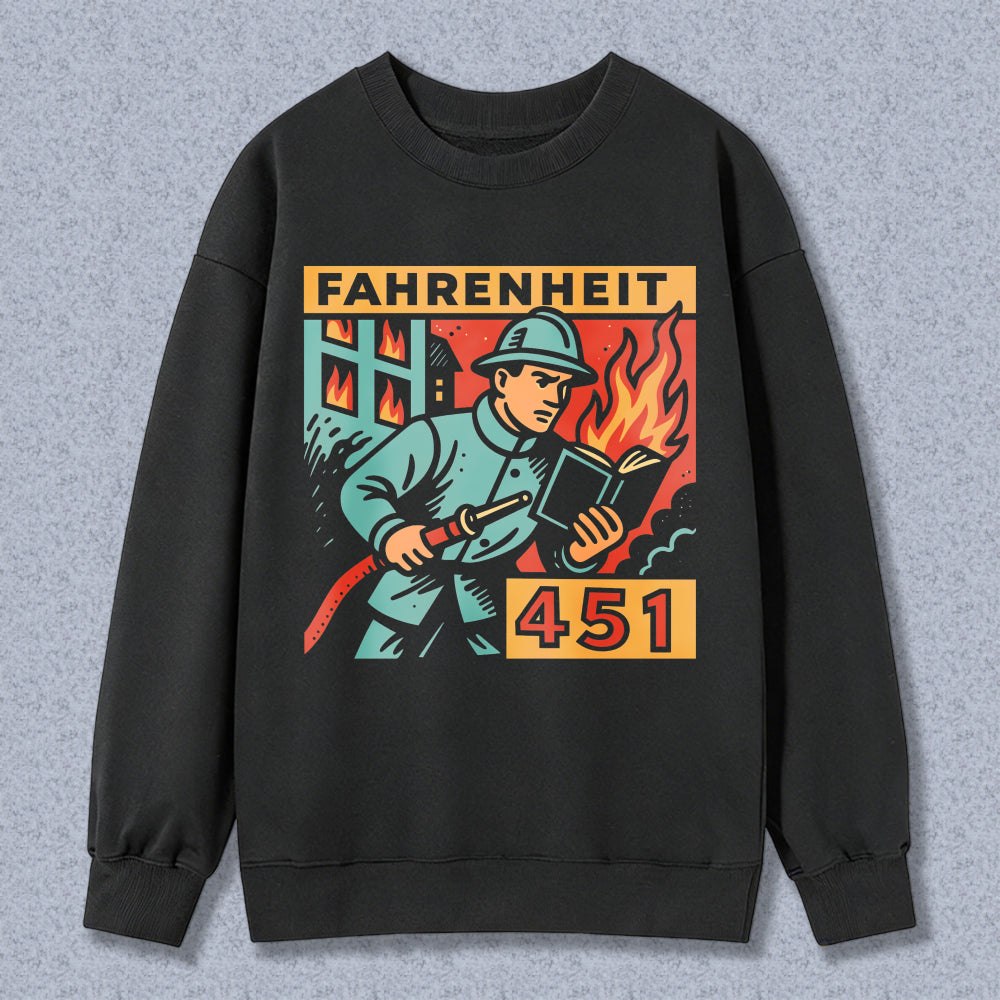 Wardrobecart Fahrenheit 451 Fireman Holding Book With Flames And Broken Window Unisex Classic Sweatshirt