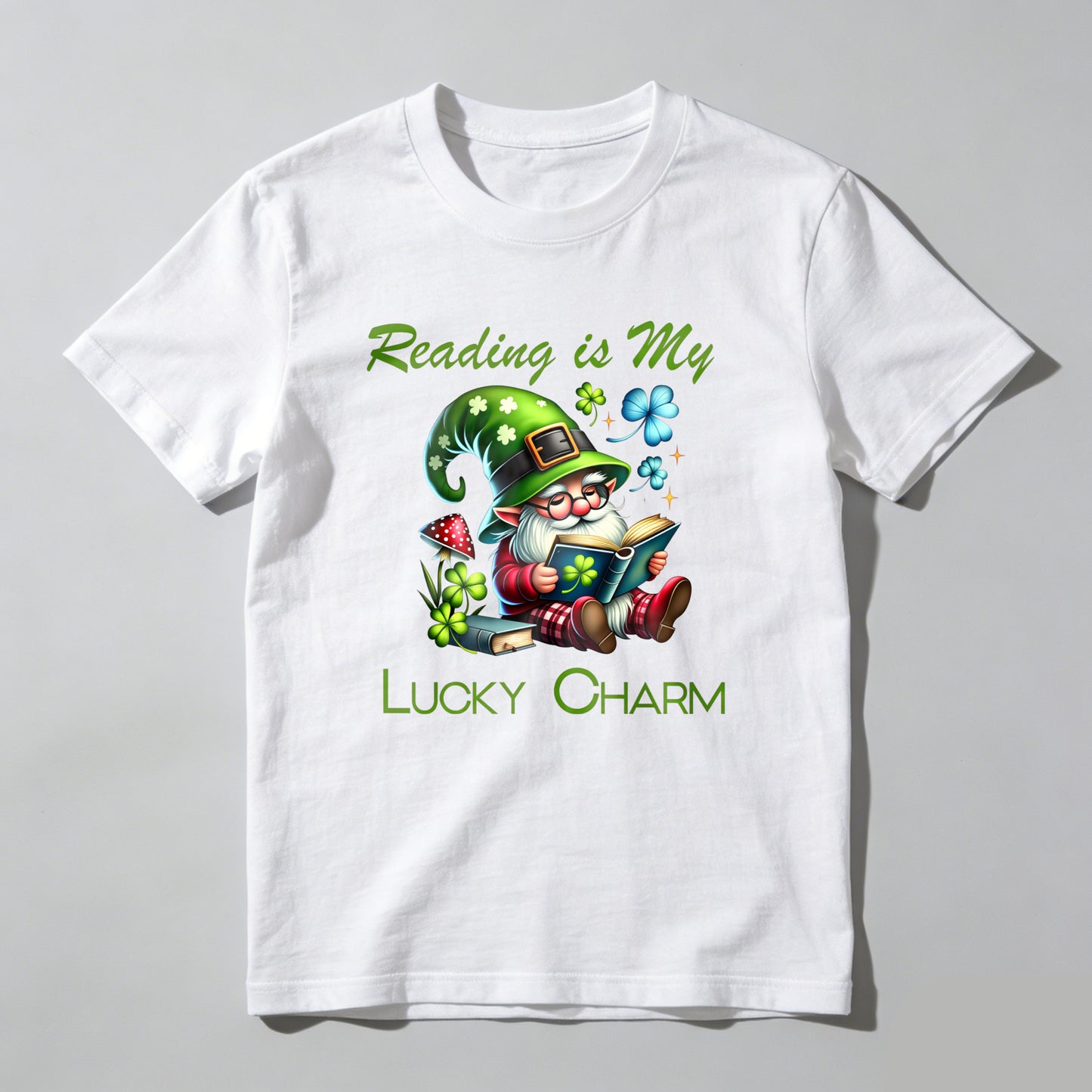 Wardrobecart Gnome Reading Book With Clover Hat Unisex Classic T-shirt