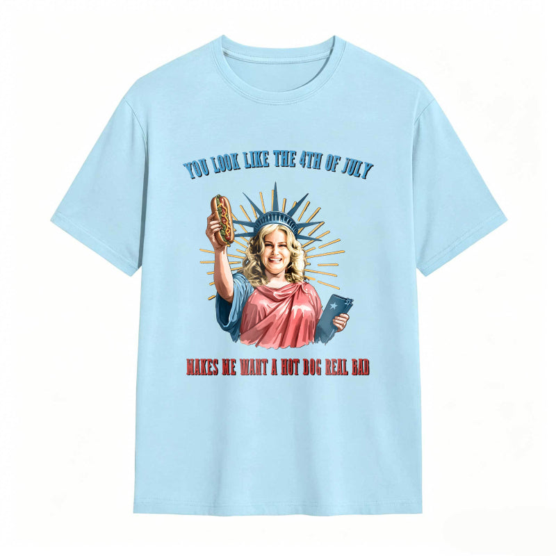 Statue Of Liberty Holding Hot Dog And Tablet With Fourth Of July Text T-shirt