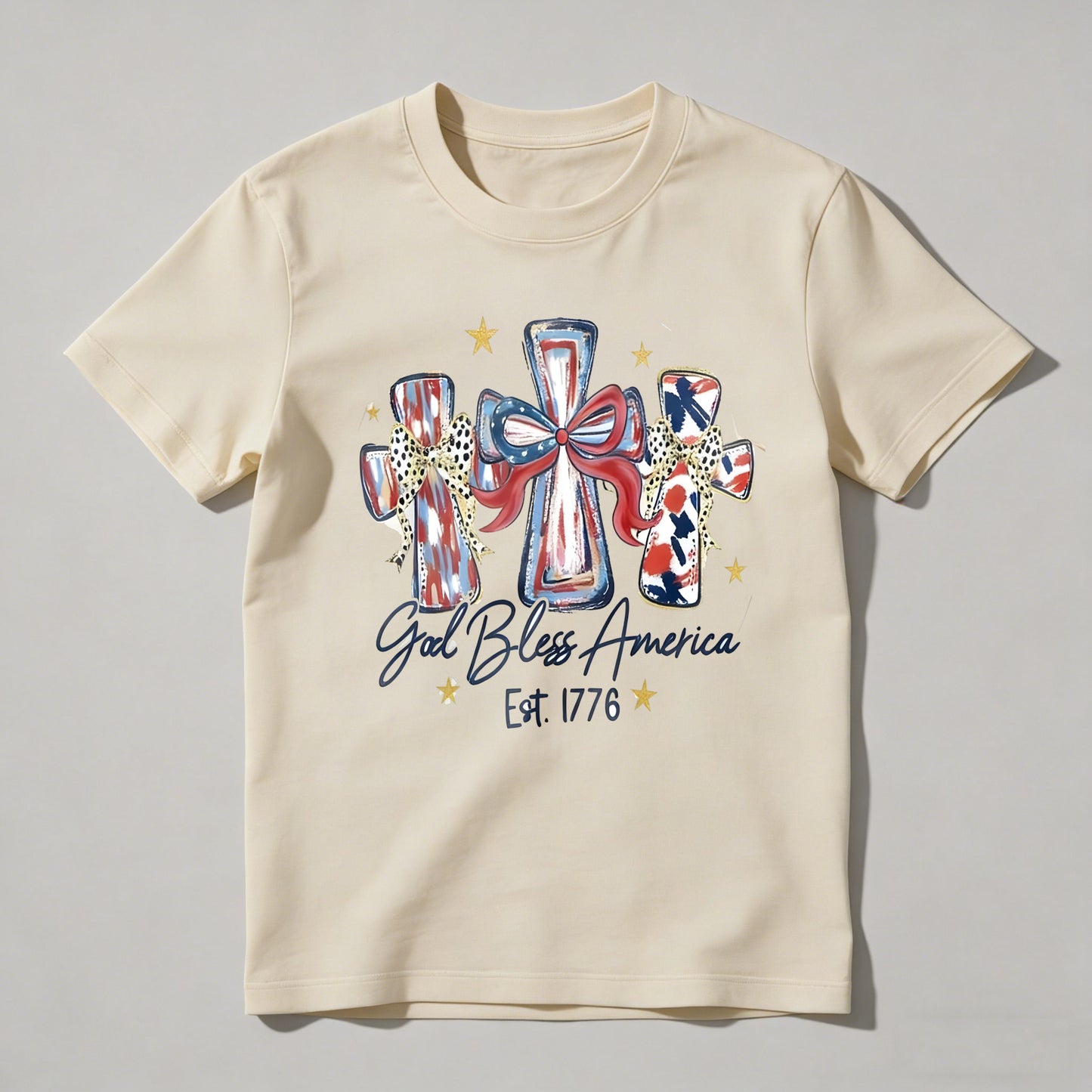Patriotic Crosses With American Flag Design And God Bless America Text T-shirt
