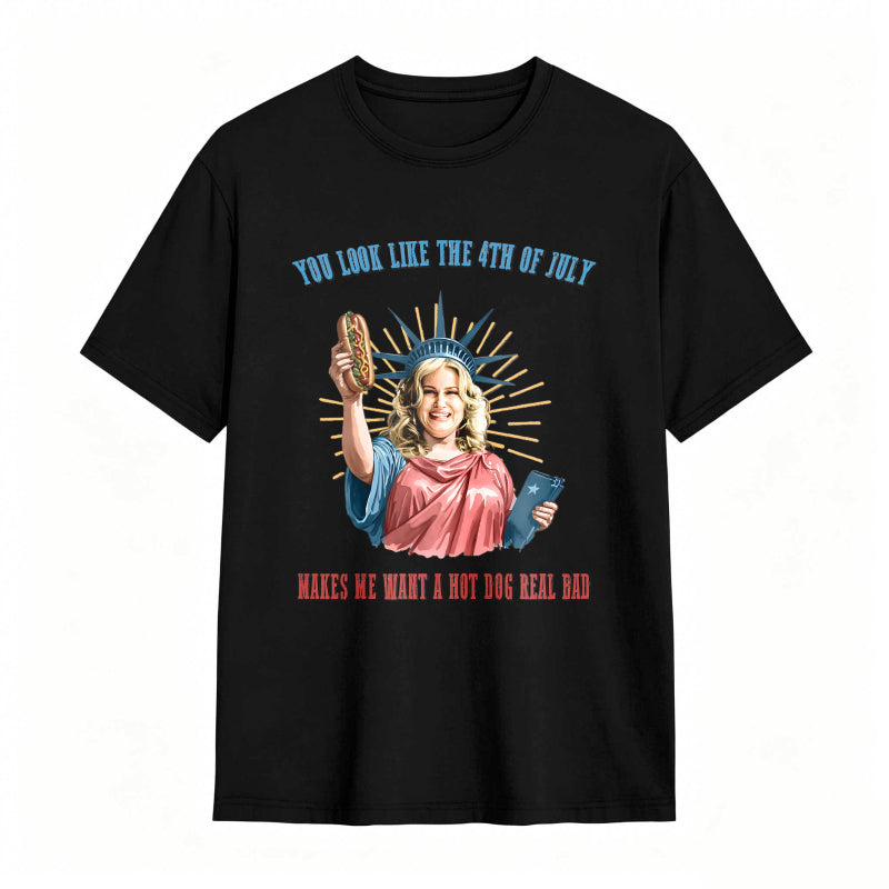 Statue Of Liberty Holding Hot Dog And Tablet With Fourth Of July Text T-shirt