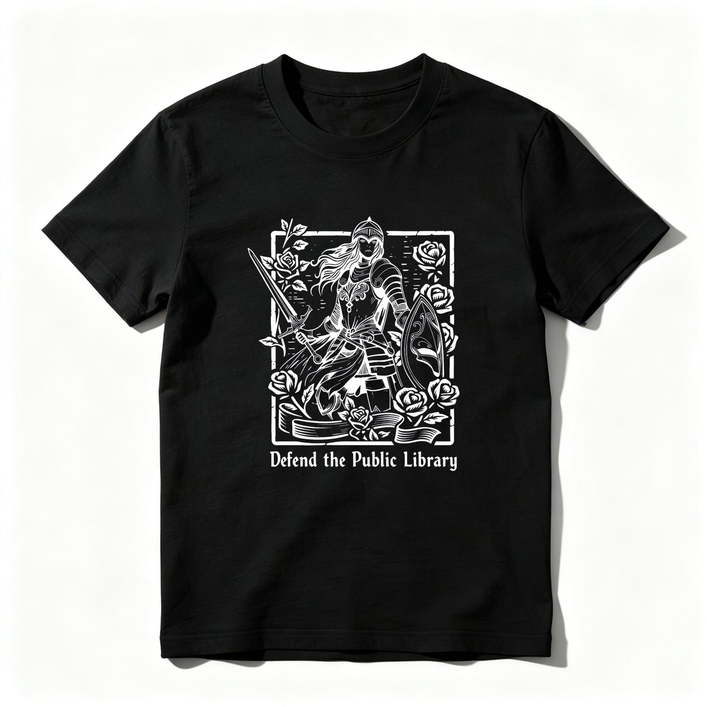 Wardrobecart Defend The Public Library Warrior With Sword And Roses Unisex Classic T-shirt