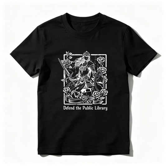 Wardrobecart Defend The Public Library Warrior With Sword And Roses Unisex Classic T-shirt